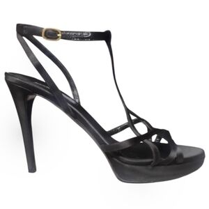 RALPH LAUREN COLLECTION | Black Satin T-Strap Platform Sandals in Size 9.5